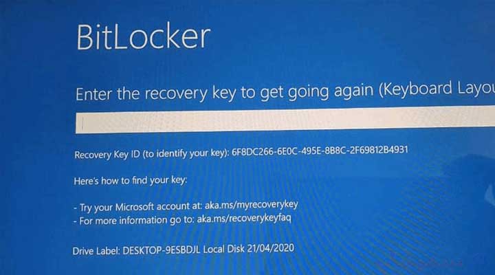 تصویر صفحه بازیابی BitLocker در ویندوز 10 بعد از به‌روزرسانی KB5058379