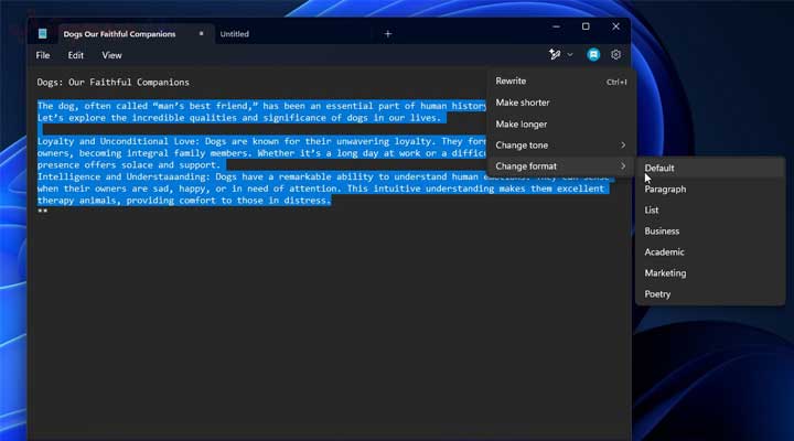 بازنویسی در Notepad به شما امکان می دهد طول و لحن محتوا را تغییر دهید